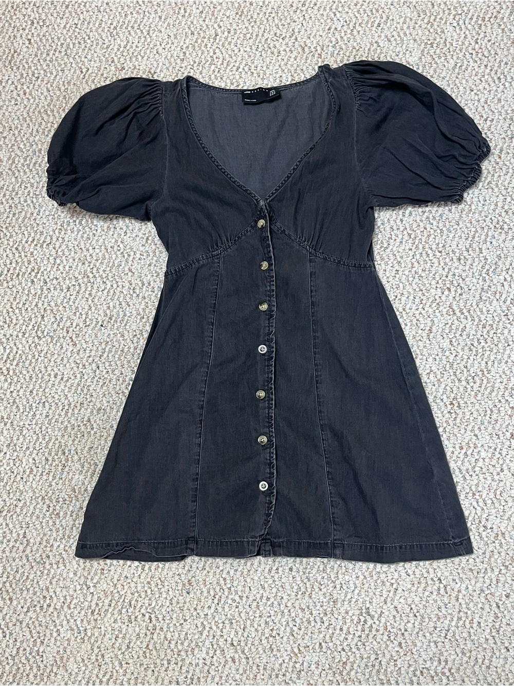 ASOS Women's Cotton Denim Black Wash Size 4 Petite Mini Dress Button Puff Sleeve
